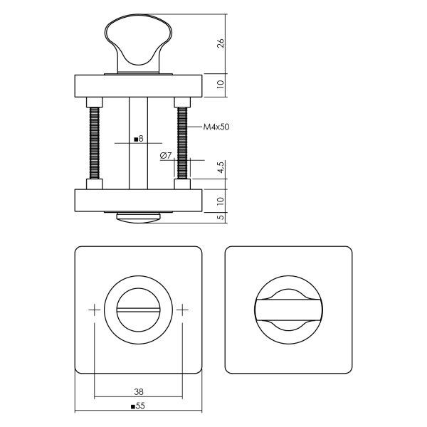 Rozet toilet-badkamersluiting vierkant 55x10mm verdekt mat zwart 8mm-Deurbeslag-en-meer.nl