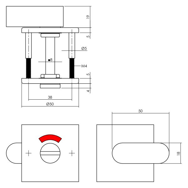 Tekening rozet toilet-/badkamersluiting vierkant 50x5mm verdekt RVS geborsteld 8mm - 0035.343260 -Deurbeslag-en-meer.nl