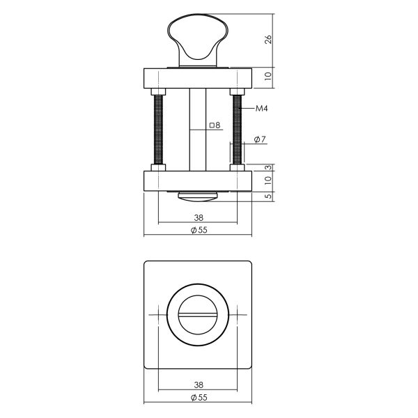 Rozet toilet-/badkamersluiting vierkant 55x10mm verdekt antracietgrijs 8mm-Deurbeslag-en-meer.nl