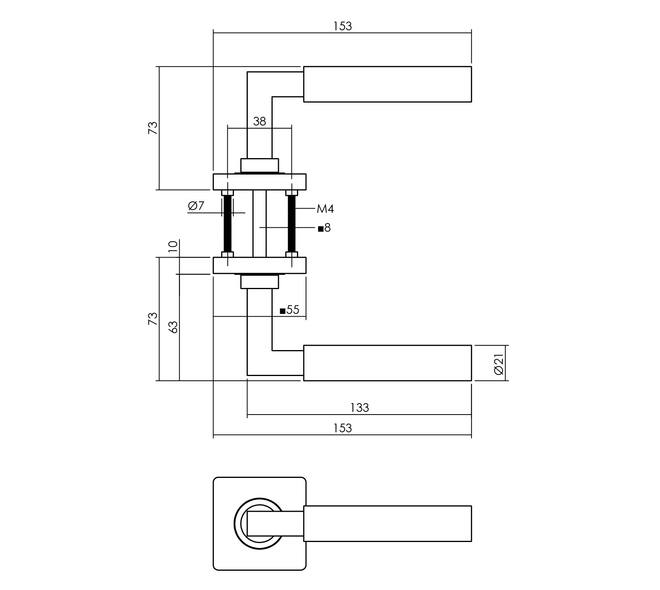 Tek. deurkruk Bau-Stil op vierkant rozet mat zwart - Intersteel 0023.174102 - Deurbeslag-en-meer.nl