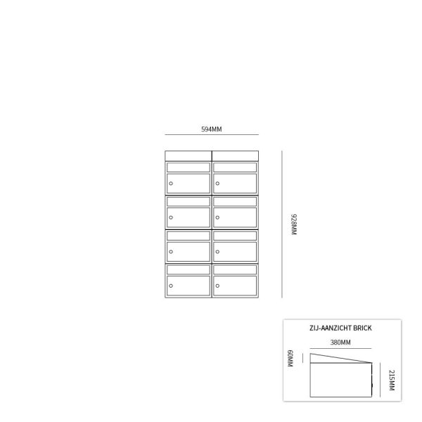 Postkastunit Brickset Zwart 2-breed x 4-hoog met dak