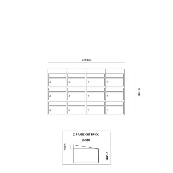 Postkastunit Brickset Zwart 4-breed x 3-hoog met dak