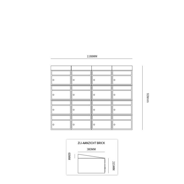 Postkastunit Brickset Zwart 4-breed x 4-hoog met dak