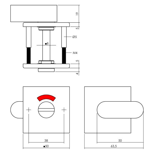 Tekening rozet toilet-/badkamersluiting vierkant 50x5mm RVS mat zwart 8mm - 0023.343360 - Deurbeslag-en-meer.nl
