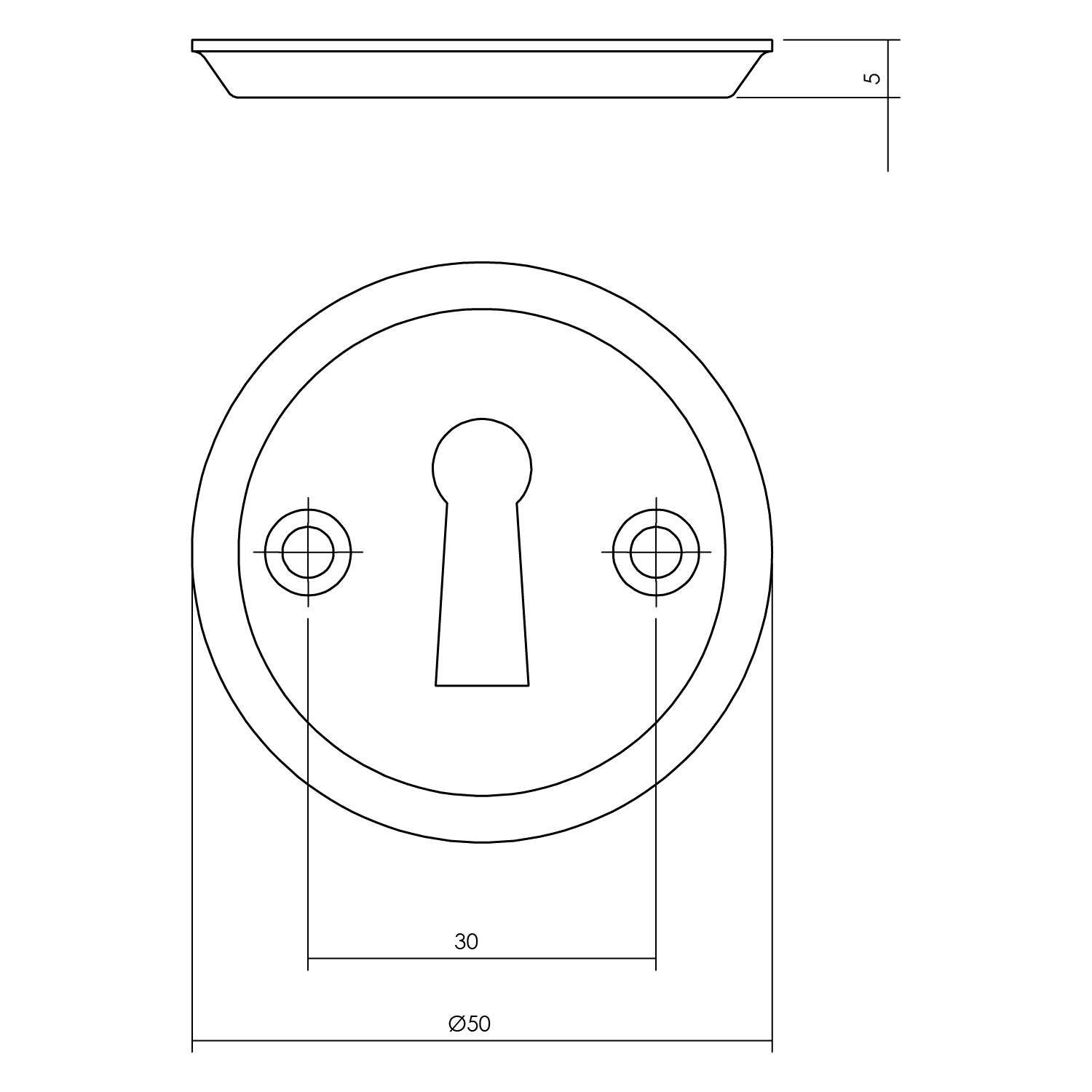 Tekening sleutelrozet rond 50x5mm schroefgat messing getrommeld - 0011.317386 - Deurbeslag-en-meer.nl