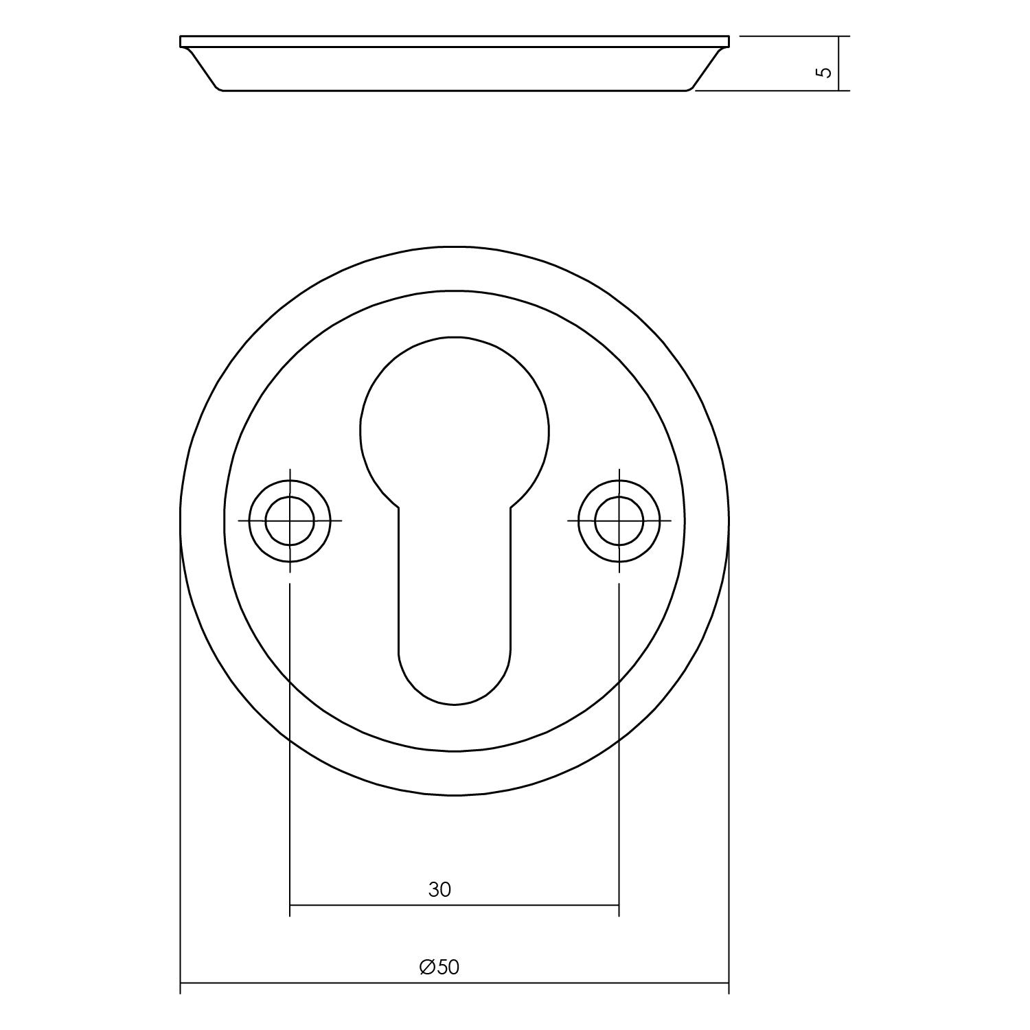 Tekening cilinderrozet rond 50x5mm schroefgat messing getrommeld - 0011.317387 - Deurbeslag-en-meer.nl