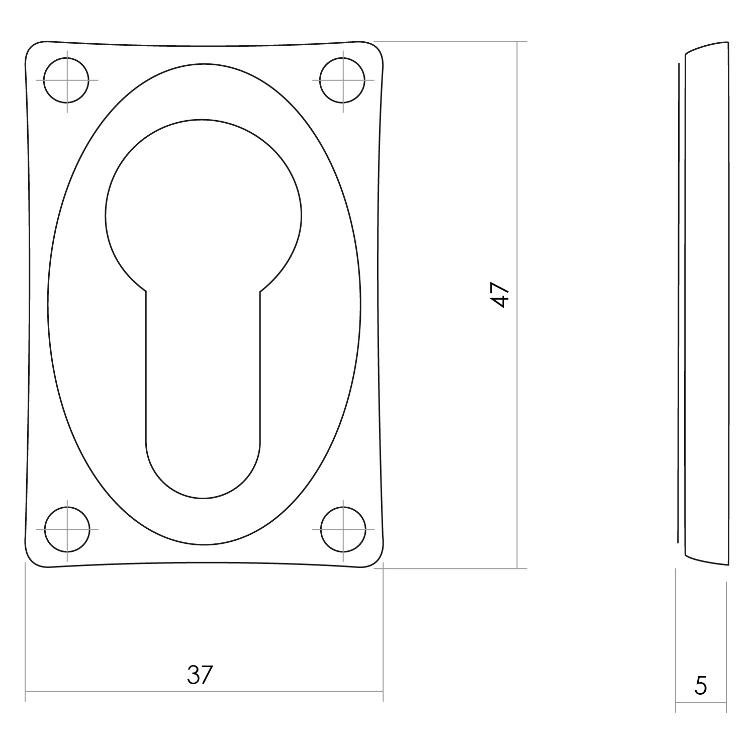 Tekening cilinderrozet vierkant verlengd 37x47x5mm schroefgat messing getrommeld - 0011.318387 - Deurbeslag-en-meer.nl