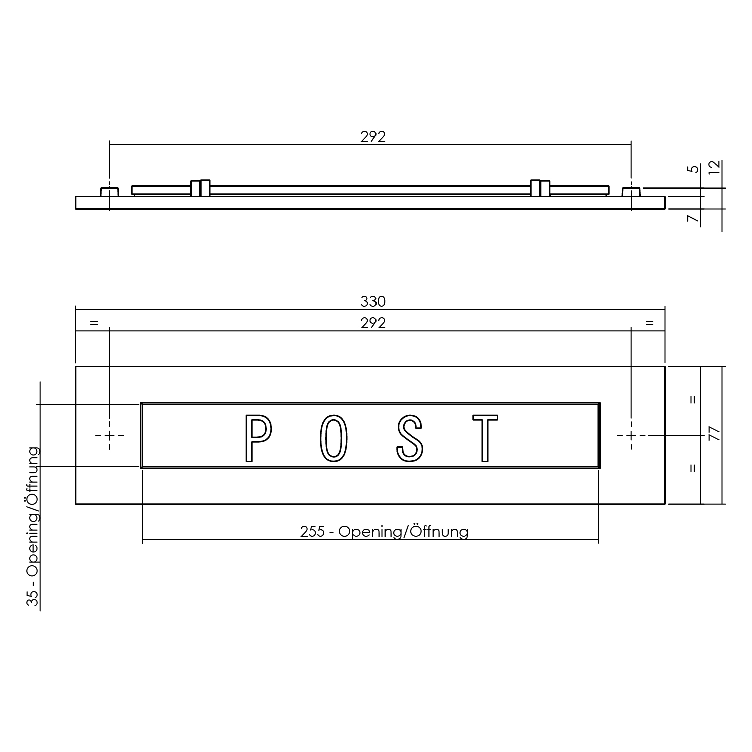 Briefplaat rechthoekig binnendraaiend met tekst "POST" messing getrommeld-Deurbeslag-en-meer.nl