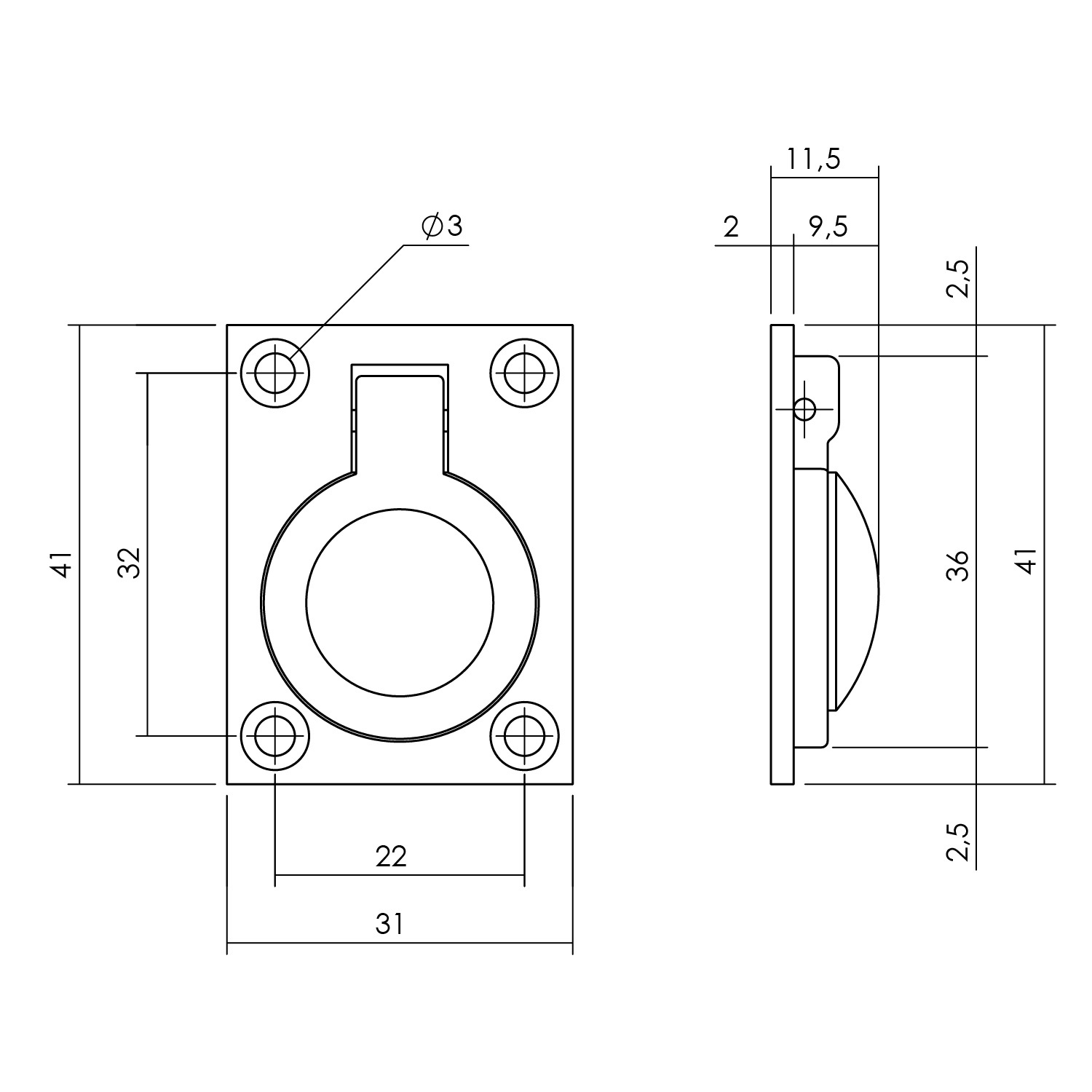 tek. Luikring rechthoekig 41 x 31 mm messing getrommeld -Intersteel 0011.752611 -Deurbeslag-en-meer.nl