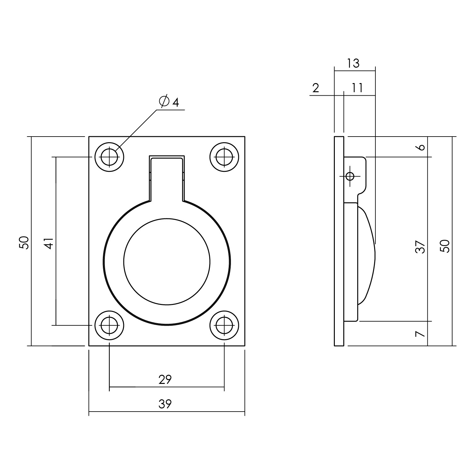 tek. Luikring rechthoekig 50 x 39 mm messing getrommeld -Intersteel 0011.752621 -Deurbeslag-en-meer.nl