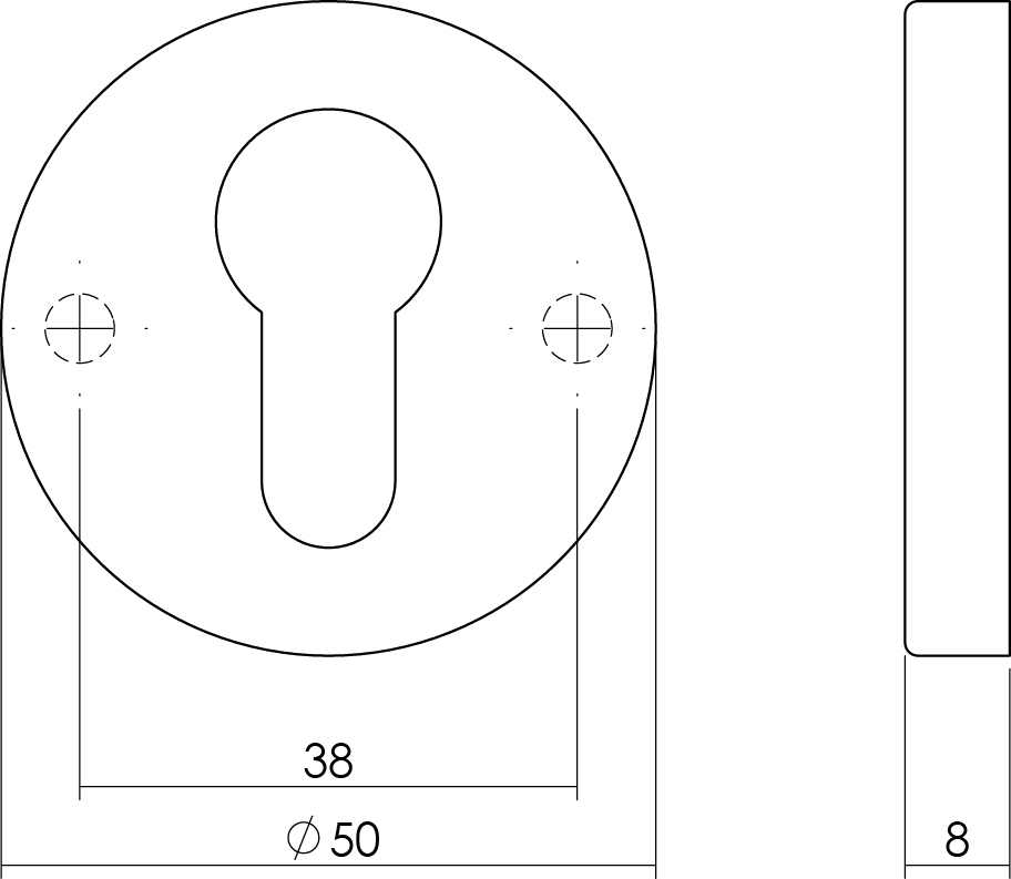 Tekening cilinderrozet rond 50x8mm verdekt messing gelakt - 0013.315687 - Deurbeslag-en-meer.nl