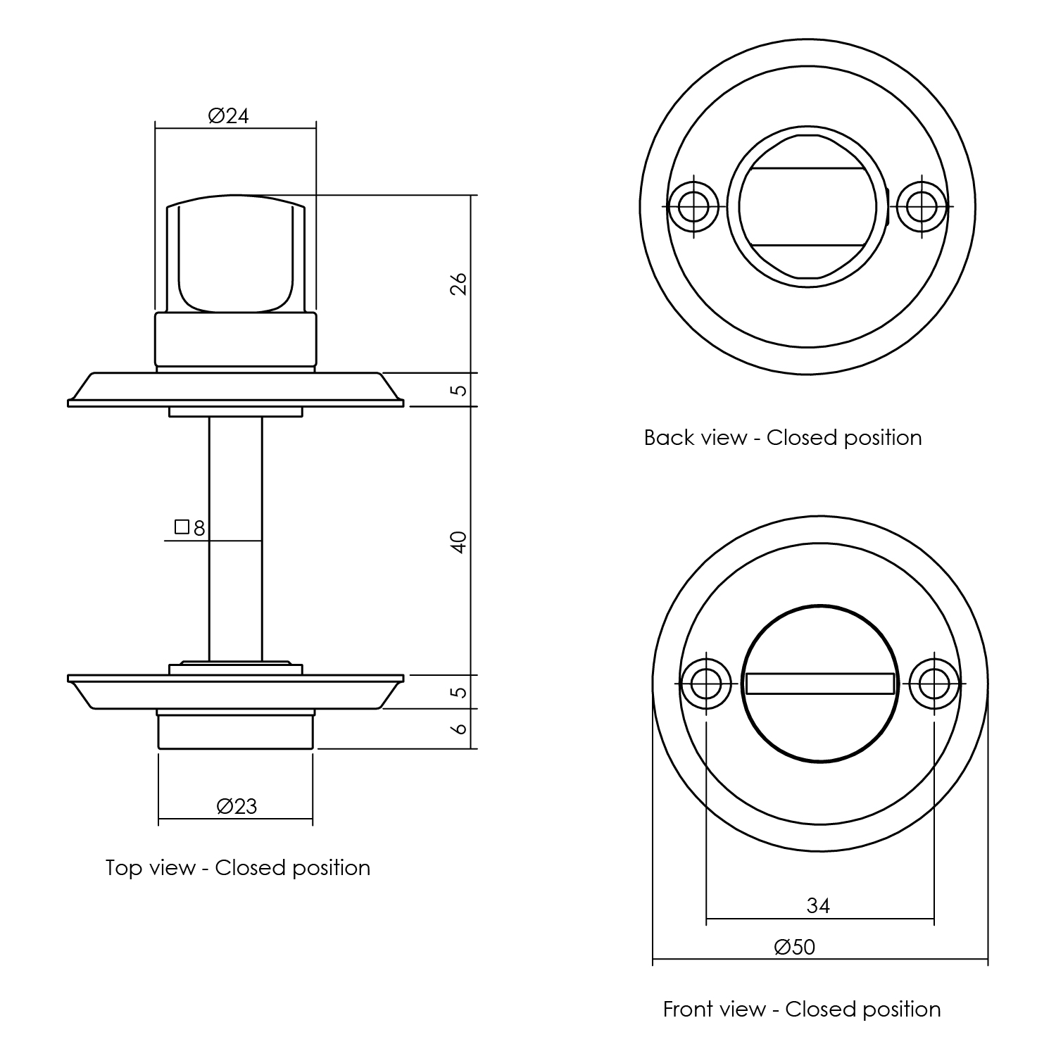 Tekening rozet toilet-/badkamersluiting rond 50x5mm schroefgat messing gelakt 8mm - 0013.317360 - Deurbeslag-en-meer.nl