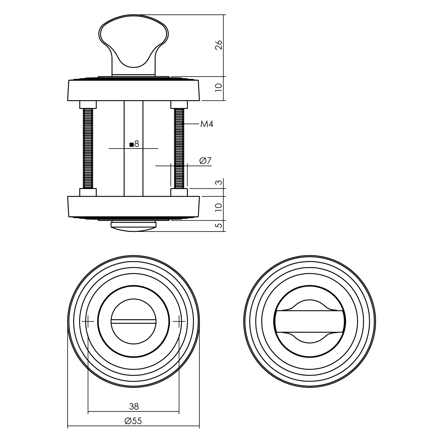 Rozet toilet-/badkamersluiting rond met rillen 55x10mm messing titaan PVD 8mm-Deurbeslag-en-meer.nl