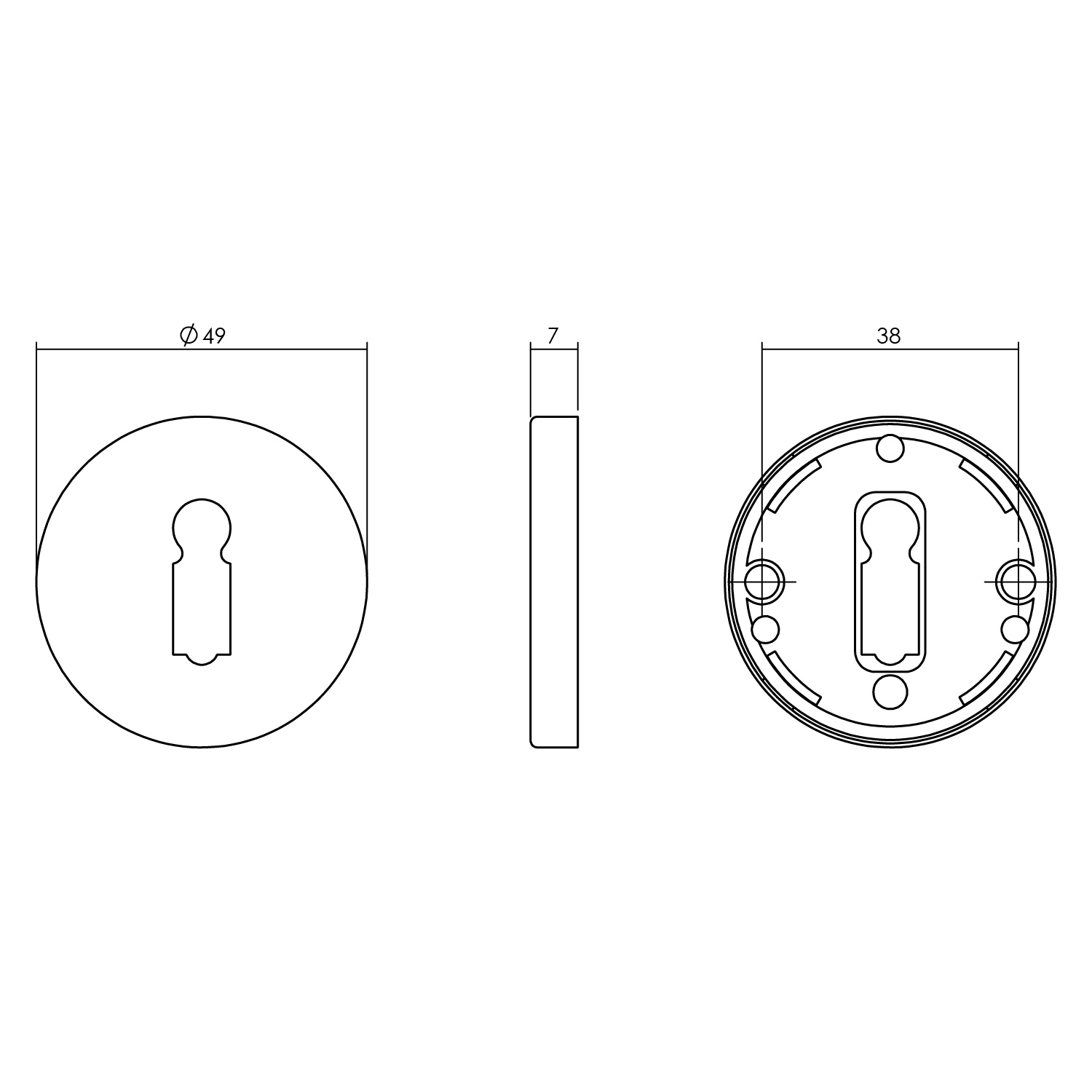 Tekening sleutelrozet rond 49x7mm verdekt messing gelakt - 0013.318686 - Deurbeslag-en-meer.nl