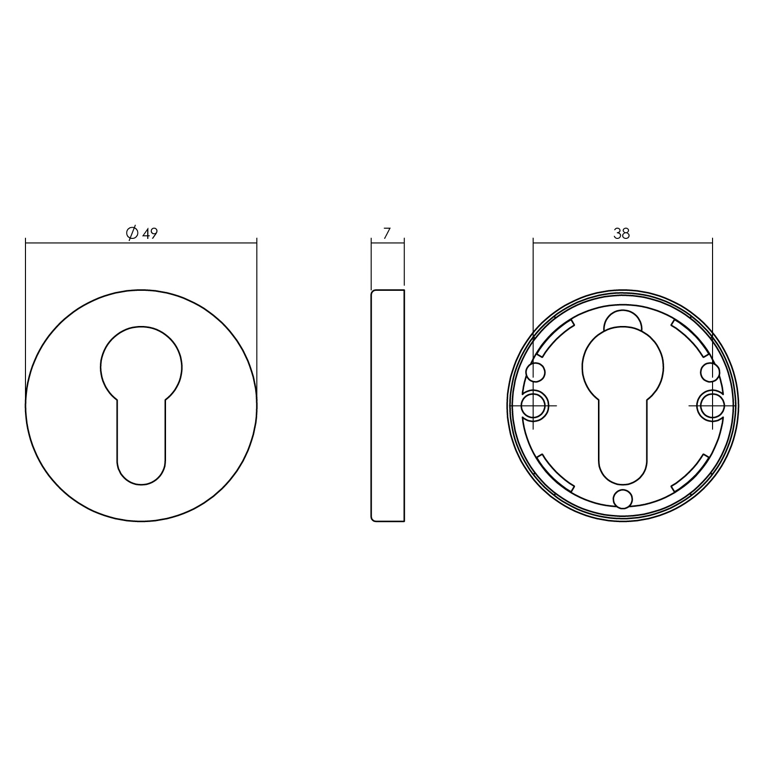 Tekening cilinderrozet rond 49x7mm verdekt messing gelakt - 0013.318687 - Deurbeslag-en-meer.nl