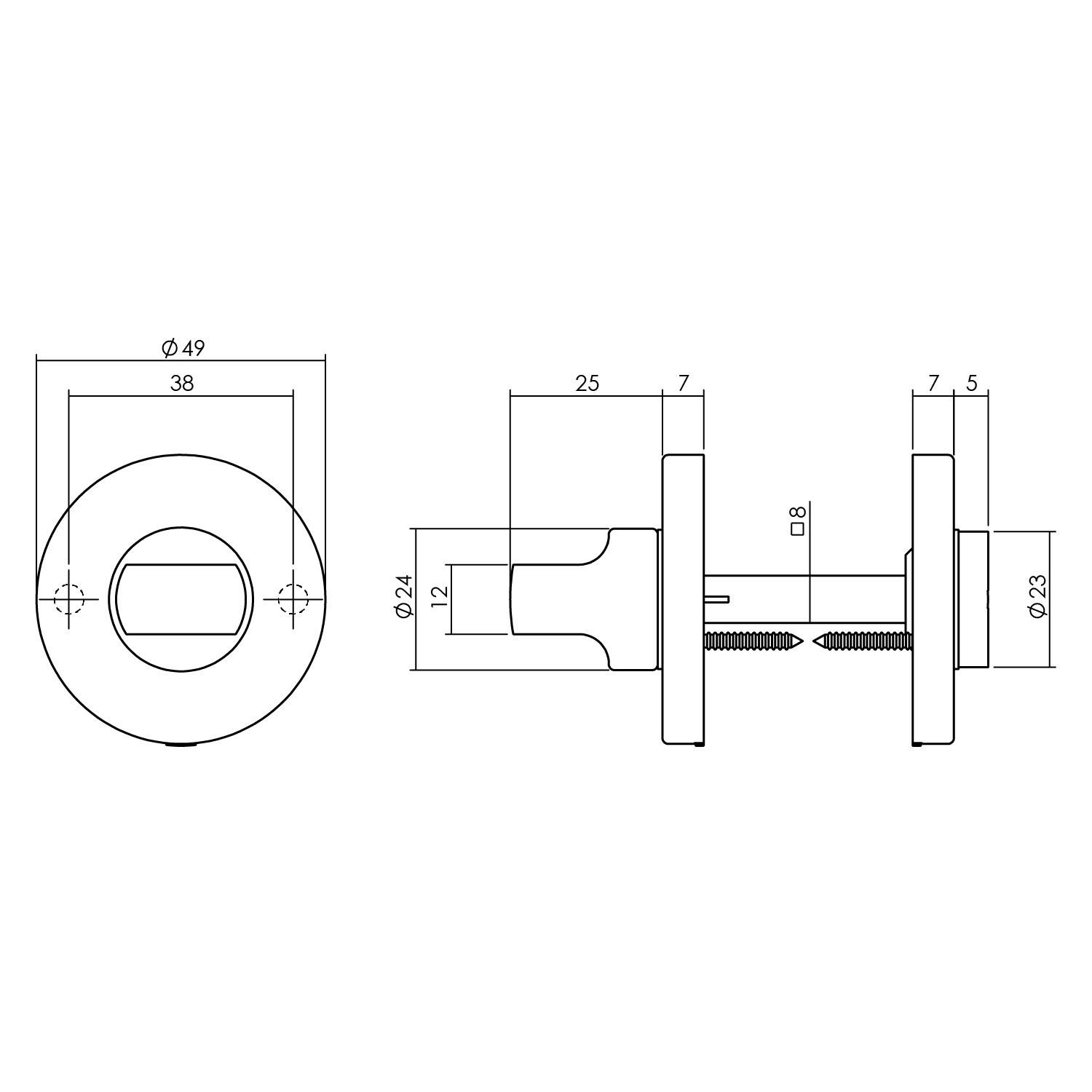 Tekening rozet toilet-/badkamersluiting rond 49x7mm verdekt messing gelakt 8mm - 0013.318660 - Deurbeslag-en-meer.nl