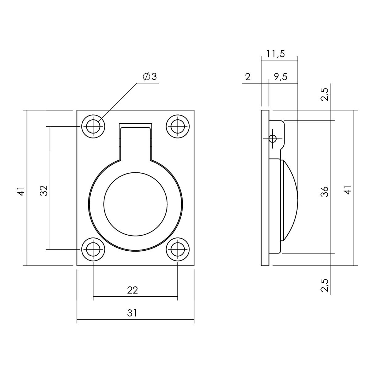 tek. Luikring rechthoekig 41 x 31 mm nikkel -Intersteel 0018.752611 -Deurbeslag-en-meer.nl