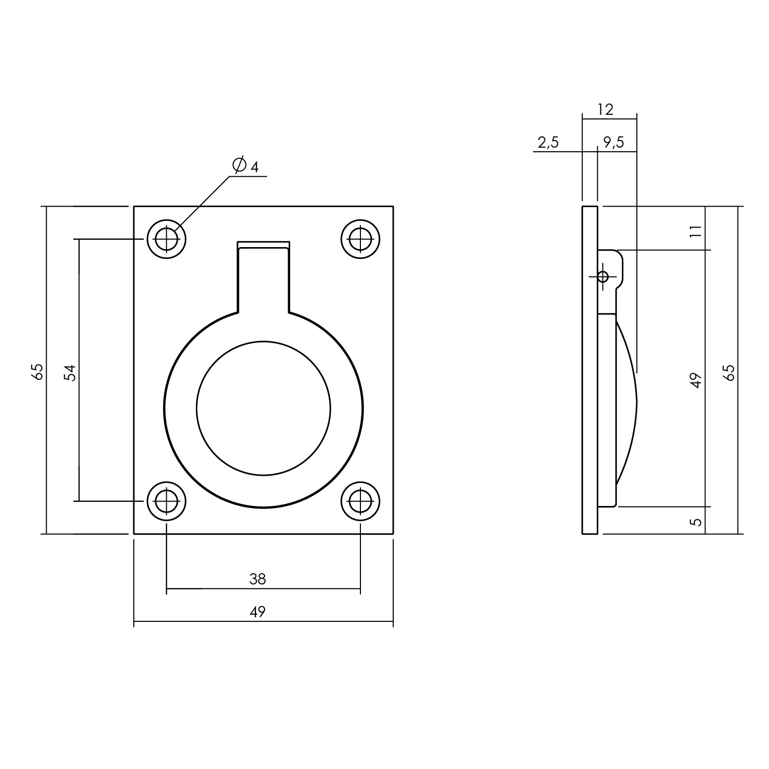 tek. Luikring rechthoekig 65 x 49 mm messing gelakt -Intersteel 0013.752631 -Deurbeslag-en-meer.nl