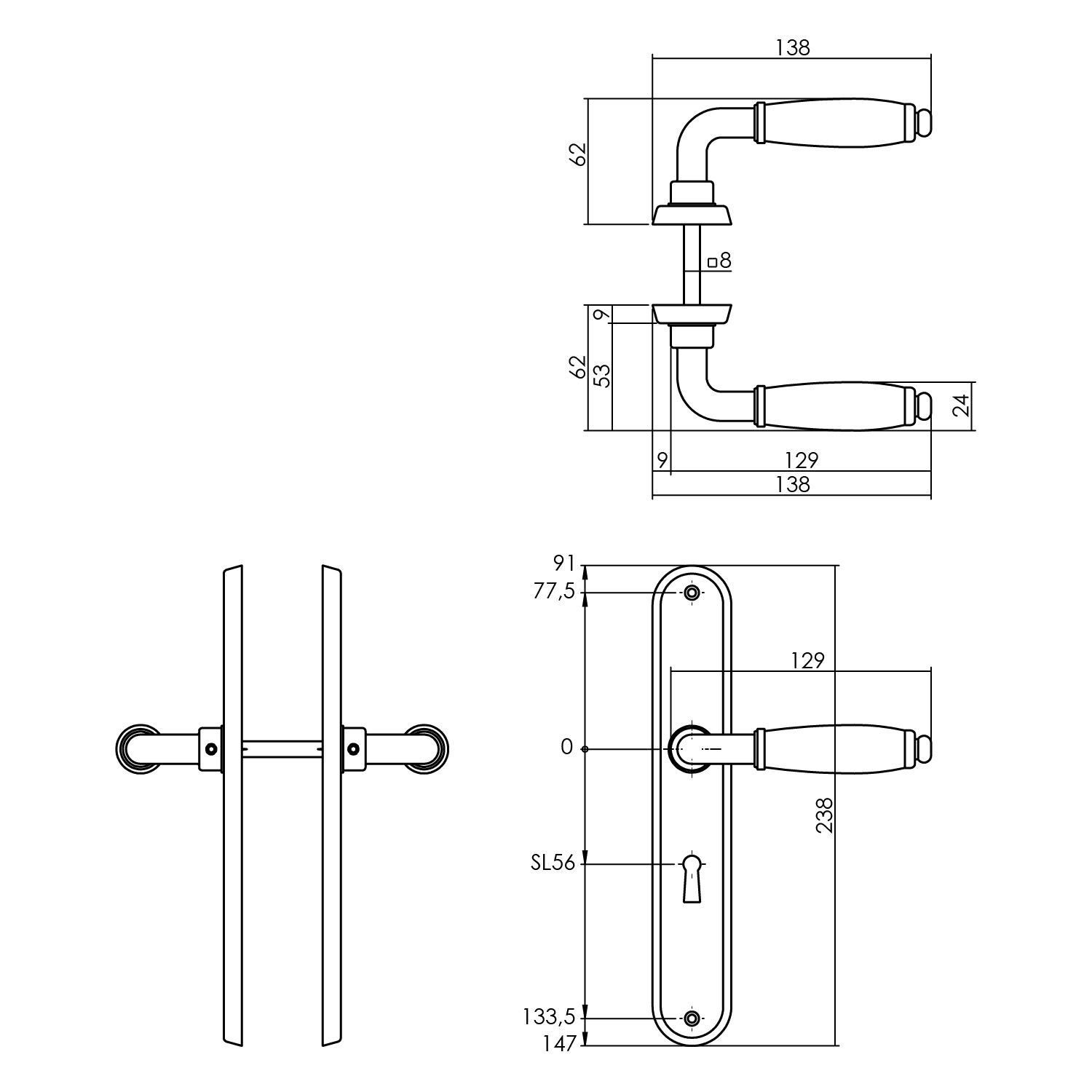 Deurkruk Courgette op schild sleutelgat 56mm chroom/zwart-Deurbeslag-en-meer.nl