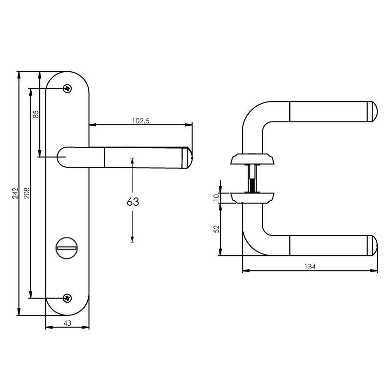 Deurkruk Agatha op schild toilet-/badkamersluiting 63mm chroom/nikkel mat-Deurbeslag-en-meer.nl