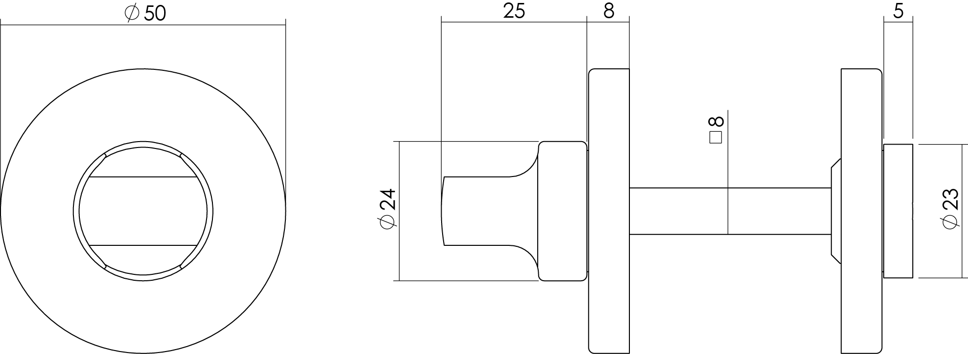 Tekening rozet toilet-/badkamersluiting rond 50x8mm verdekt chroom 8mm -0016.315660 - Deurbeslag-en-meer.nl