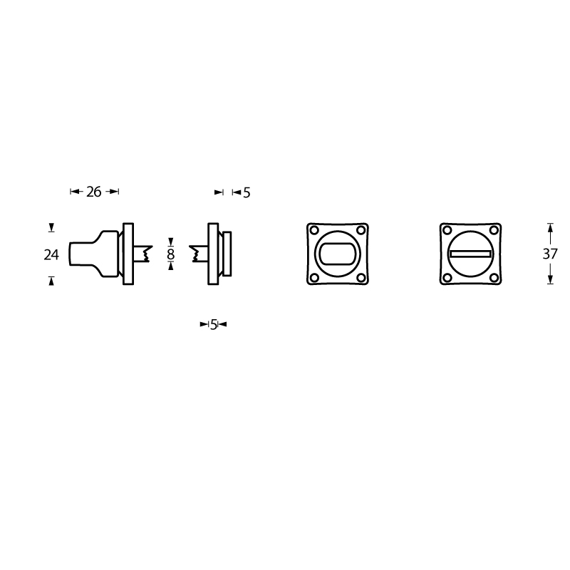 Tekening rozet toilet-/badkamersluiting vierkant 37x5mm schroefgat chroom mat 8mm - 0017.318360 -Deurbeslag-en-meer.nl