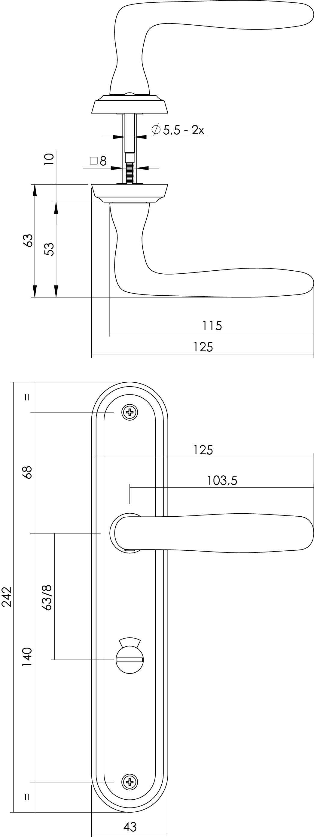 Deurkruk Bjorn op schild toilet-/badkamersluiting 63mm nikkel mat-Deurbeslag-en-meer.nl