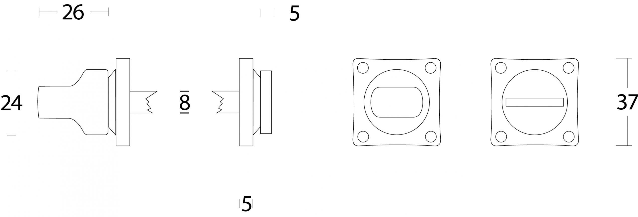 Tekening rozet toilet-/badkamersluiting vierkant 37x5mm schroefgat nikkel mat 8mm - 0019.318360 - Deurbeslag-en-meer.nl