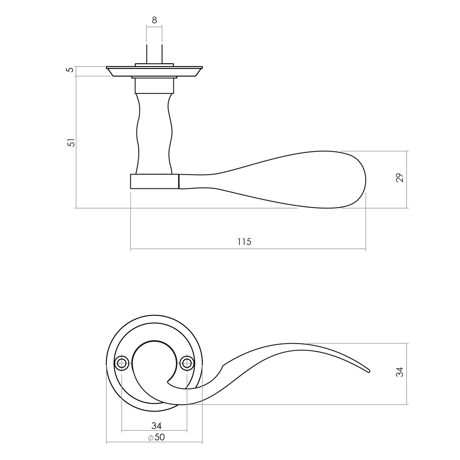 Tekening deurkruk Lepel op rond rozet mat zwart - 0023.029202 - Deurbeslag-en-meer.nl