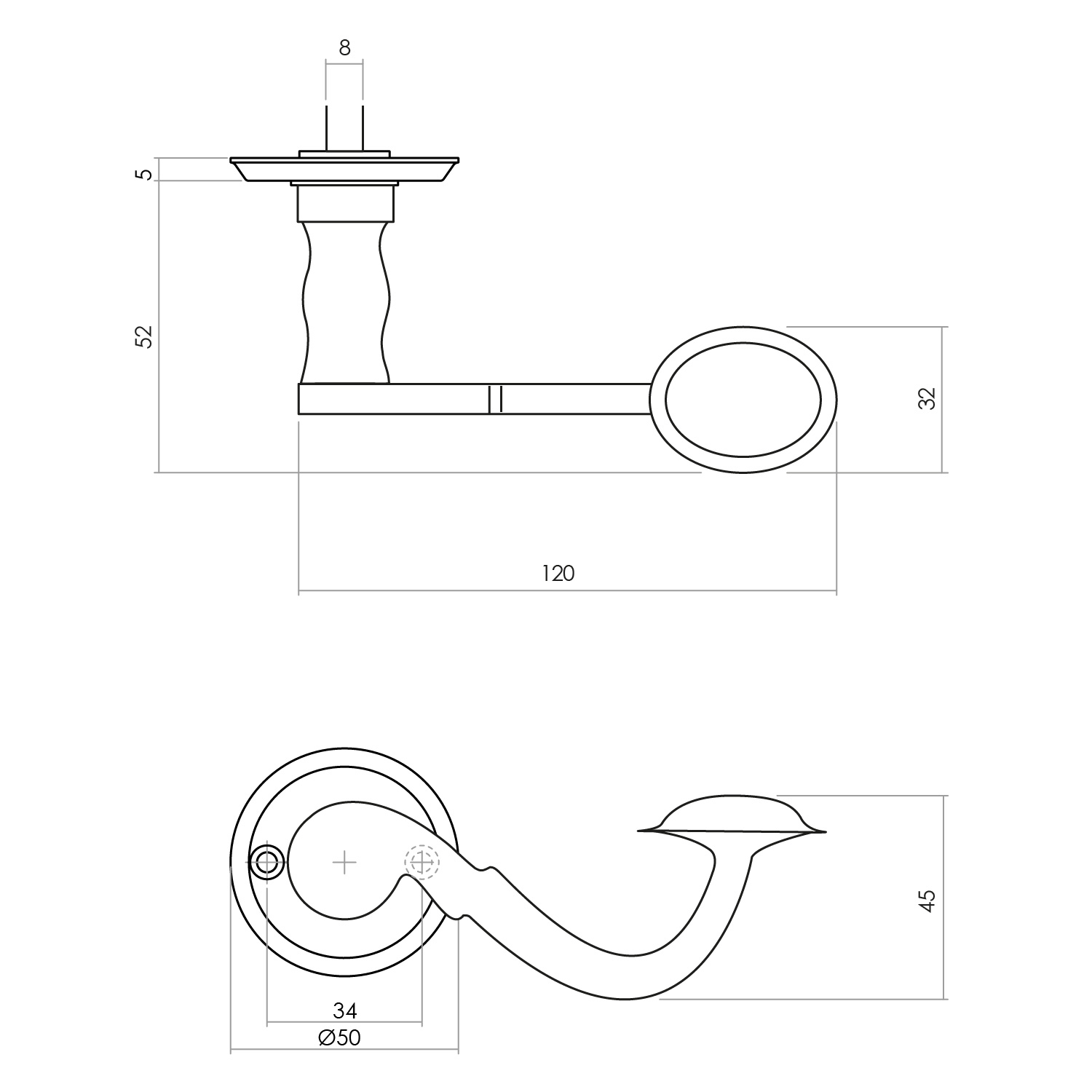 Tekening deurkruk Posthoorn op rond rozet mat zwart - 0023.029302 - Deurbeslag-en-meer.nl