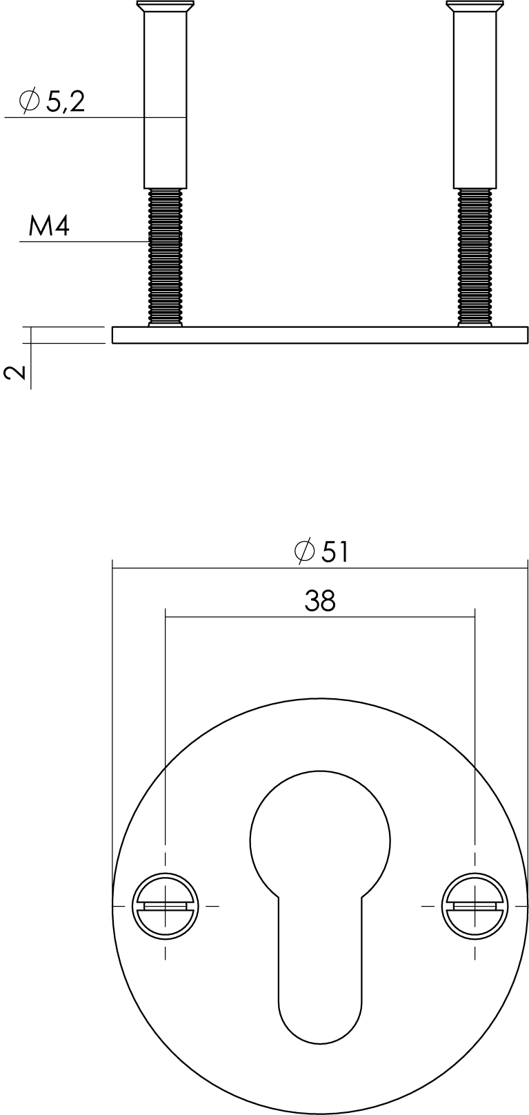 Tekening cilinderrozet rond 51x2mm schroefgat RVS mat zwart - 0023.340987 - Deurbeslag-en-meer.nl