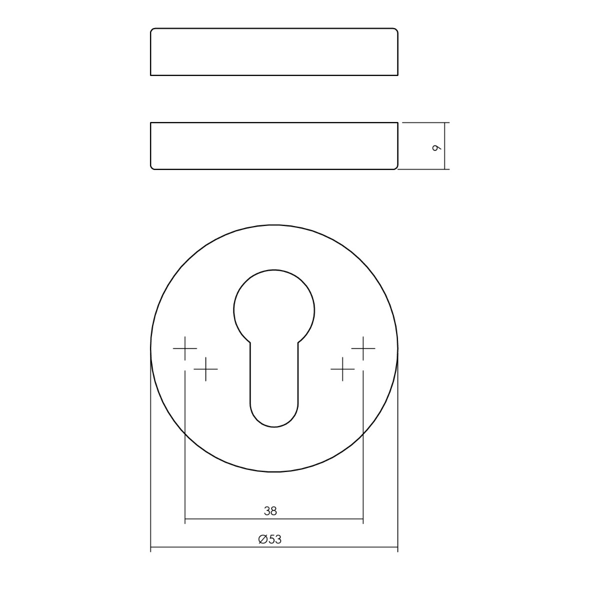 Tekening cilinderrozet rond 53x9mm verdekt RVS mat zwart - 0023.341087 - Deurbeslag-en-meer.nl