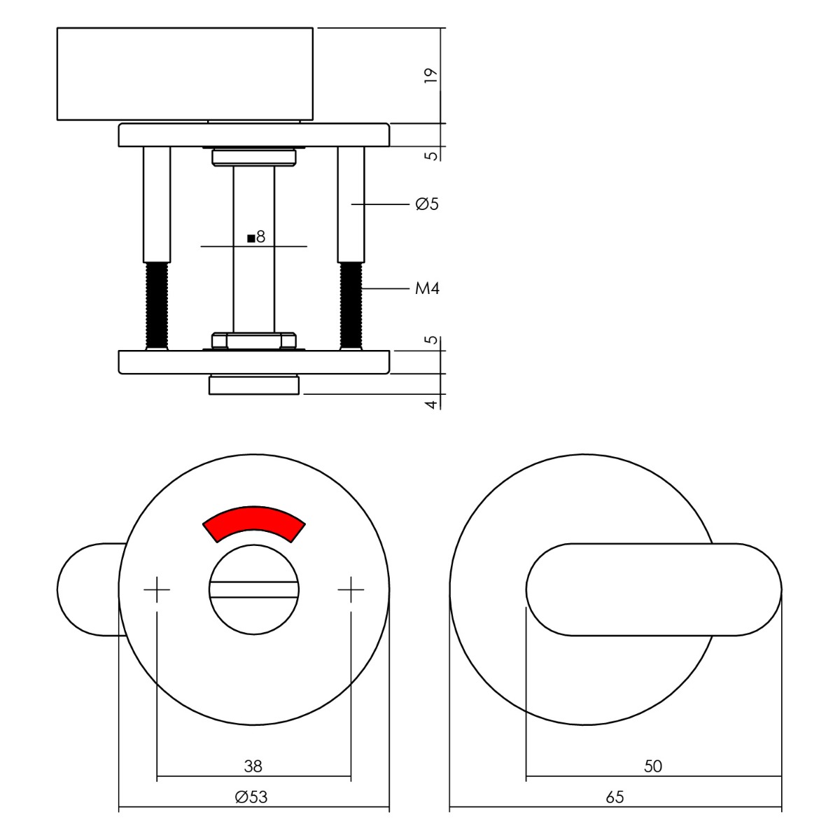 Tekening rozet toilet-/badkamersluiting rond 53x5mm RVS mat zwart 8mm - 0023.343160 - Deurbeslag-en-meer.nl