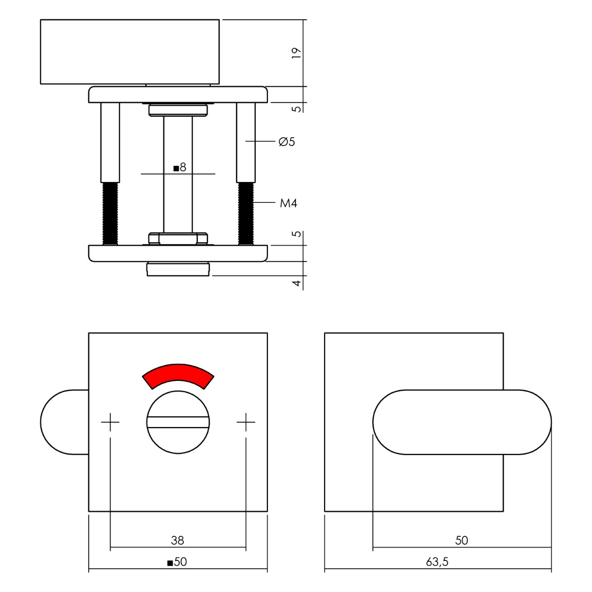 Tekening rozet toilet-/badkamersluiting vierkant 50x5mm RVS mat zwart 8mm - 0023.343360 - Deurbeslag-en-meer.nl