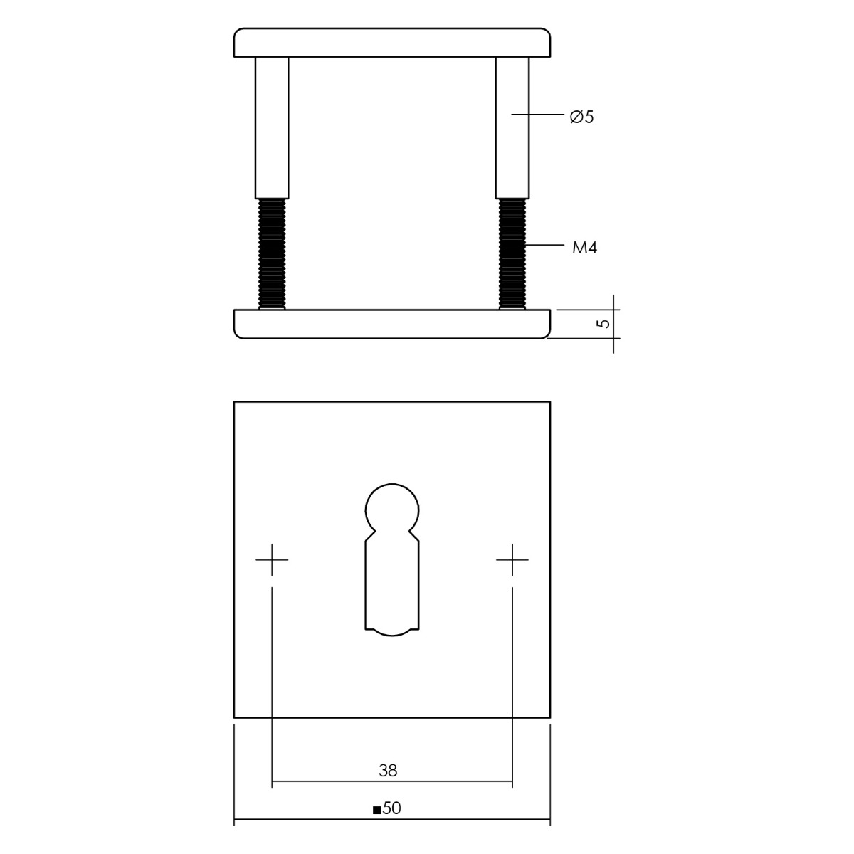 Tekening sleutelrozet vierkant 50x5mm verdekt RVS mat zwart - 0023.343386 - Deurbeslag-en-meer.nl