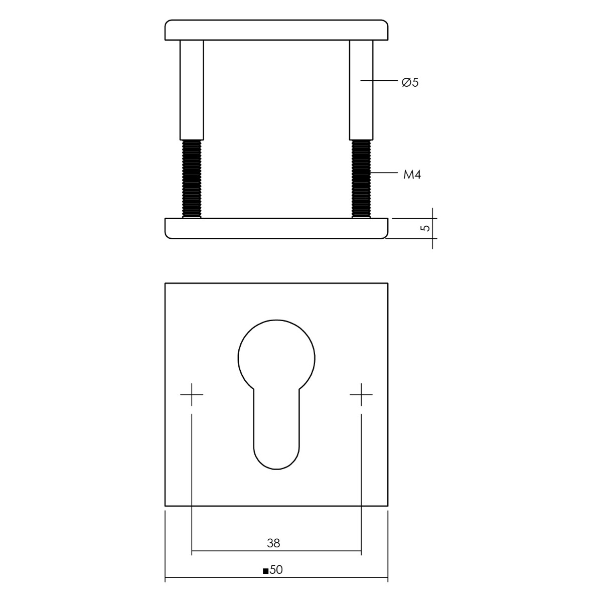 Tekening cilinderrozet vierkant 50x5mm verdekt RVS mat zwart - 0023.343387 - Deurbeslag-en-meer.nl