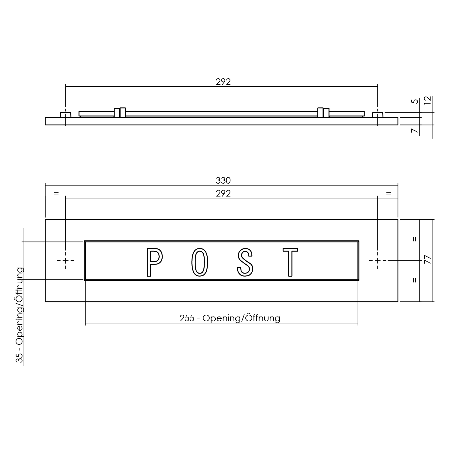 Briefplaat rechthoekig binnendraaiend met tekst "POST" mat zwart-Deurbeslag-en-meer.nl