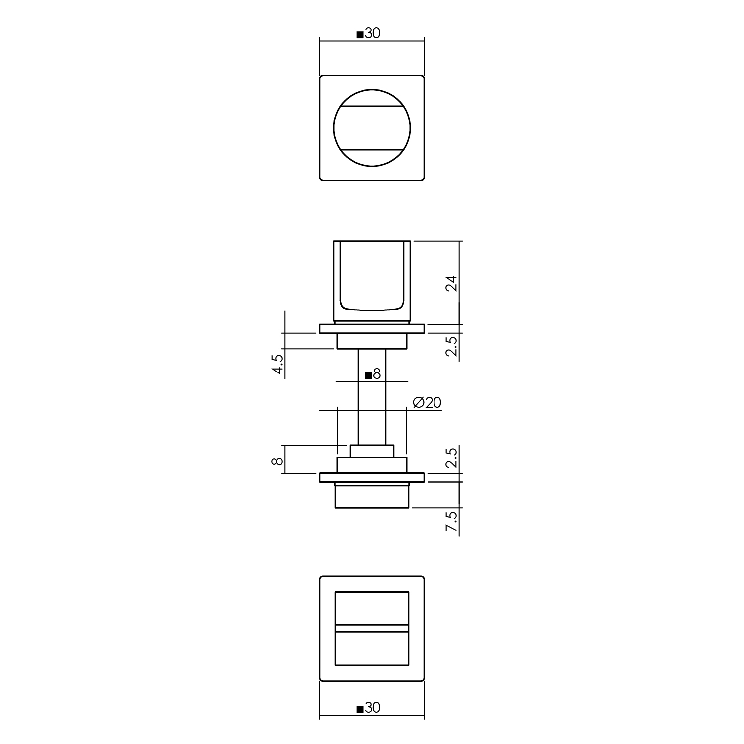 Rozet toilet-/badkamersluiting vierkant 30x2,5mm zelfklevend rvs mat zwart 8mm-Deurbeslag-en-meer.nl