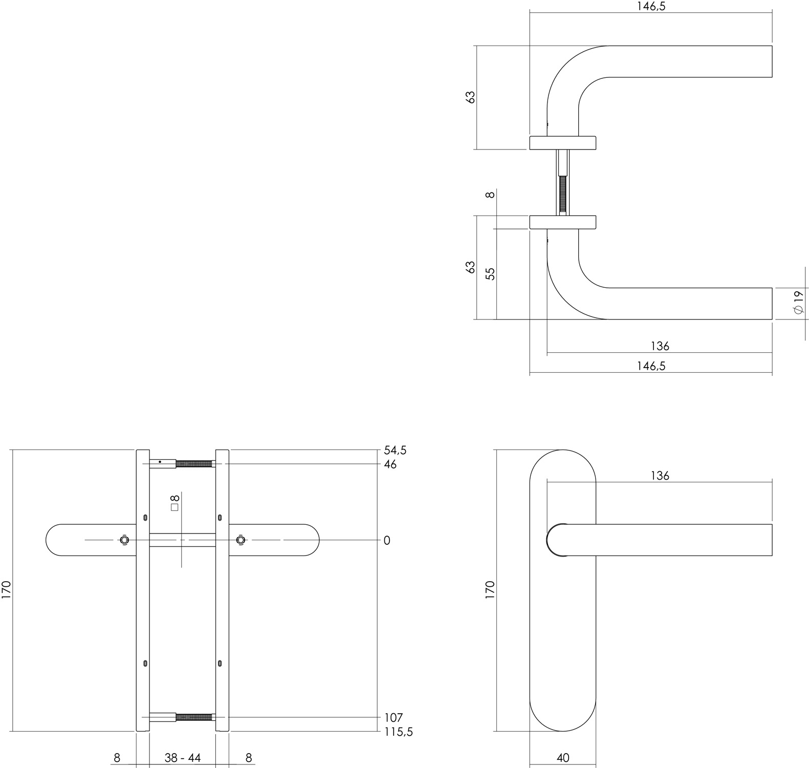 Kruk L-model op ovaal verdekt schild 170x40mm RVS blind - Deurbeslag-en-meer.nl