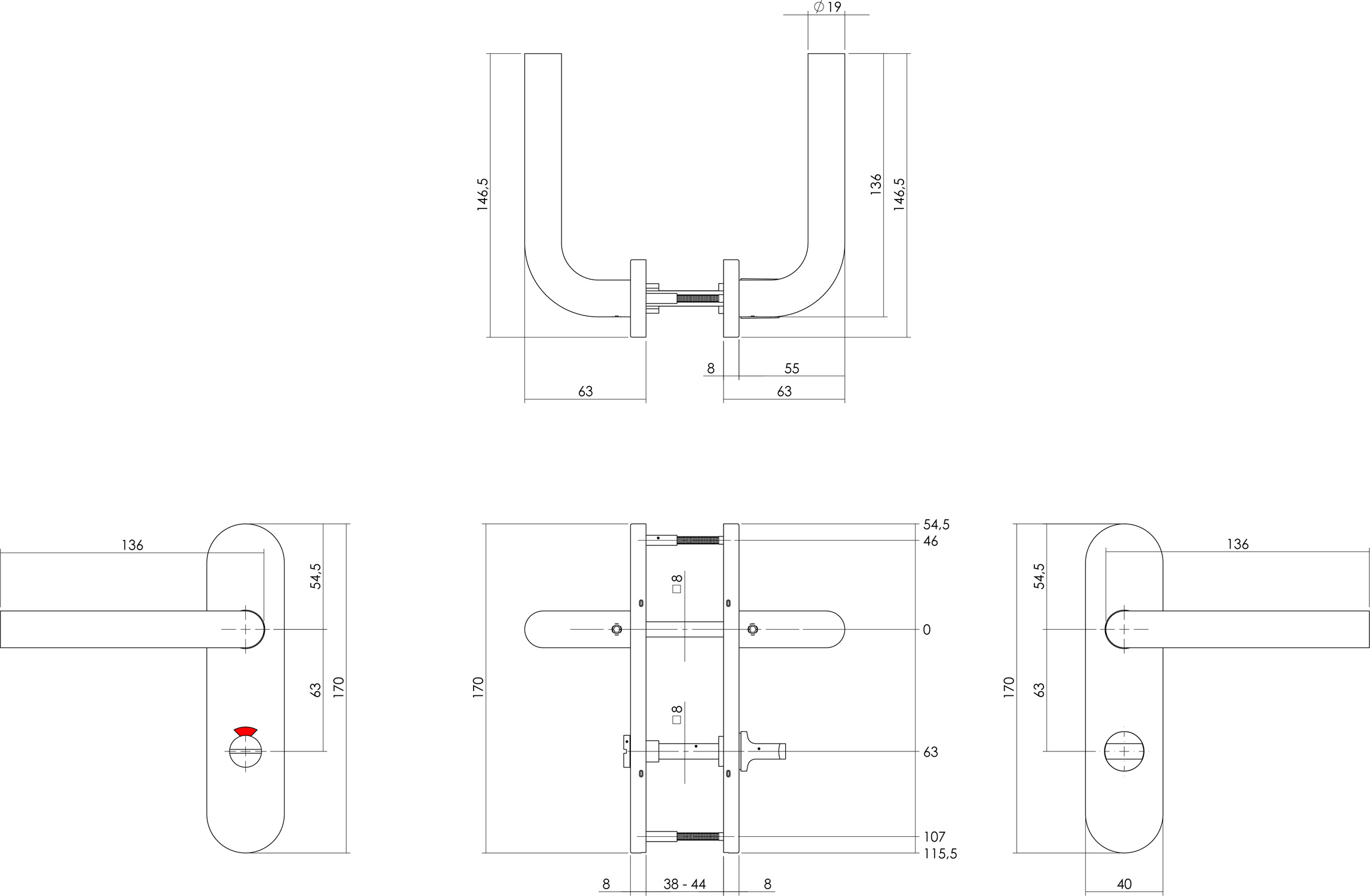 Kruk L-model op ovaal verdekt schild 170x40mm RVS WC63/8 - Deurbeslag-en-meer.nl