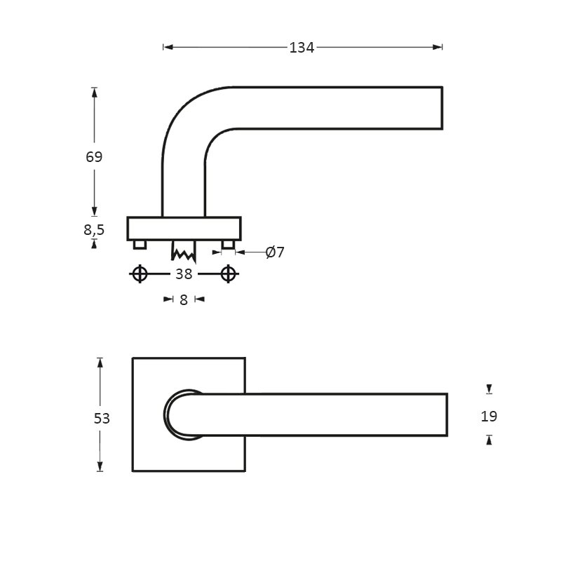 tek. Deurkruk Half Rond op vierkant rozet RVS geborsteld -Intersteel 0035.124402 -Deurbeslag-en-meer.nl