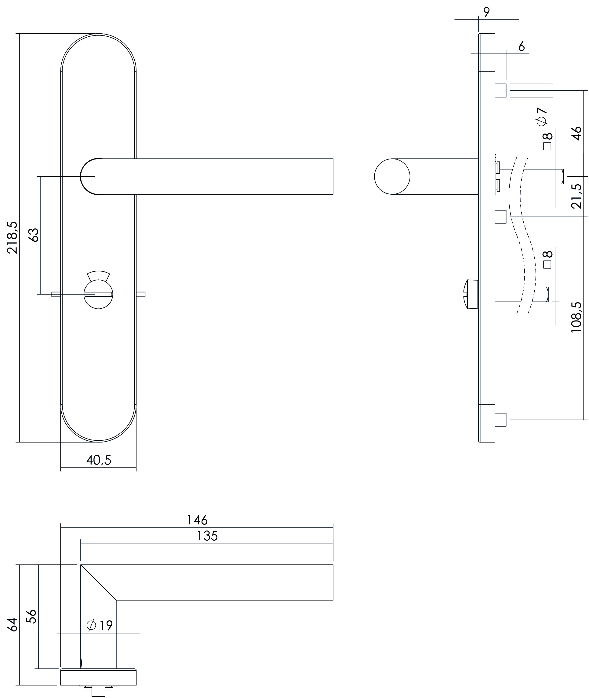 Tek. Deurkruk Hoek 90° op schild WC63/8 RVS geborsteld Rechts Intersteel 0035.129765A - Deurbeslag-en-meer.nl