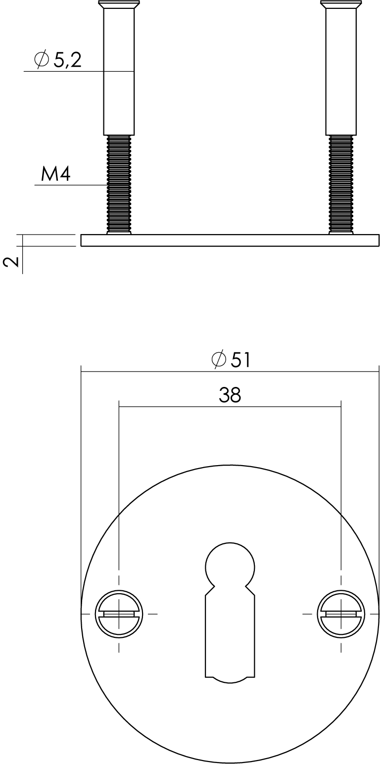 Tekening sleutelrozet rond 51x2mm schroefgat RVS geborsteld - 0035.340986 - Deurbeslag-en-meer.nl