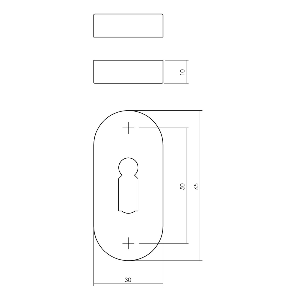 Tekening sleutelrozet ovaal 65x30x10mm verdekt RVS geborsteld - 0035.341786 - Deurbeslag-en-meer.nl