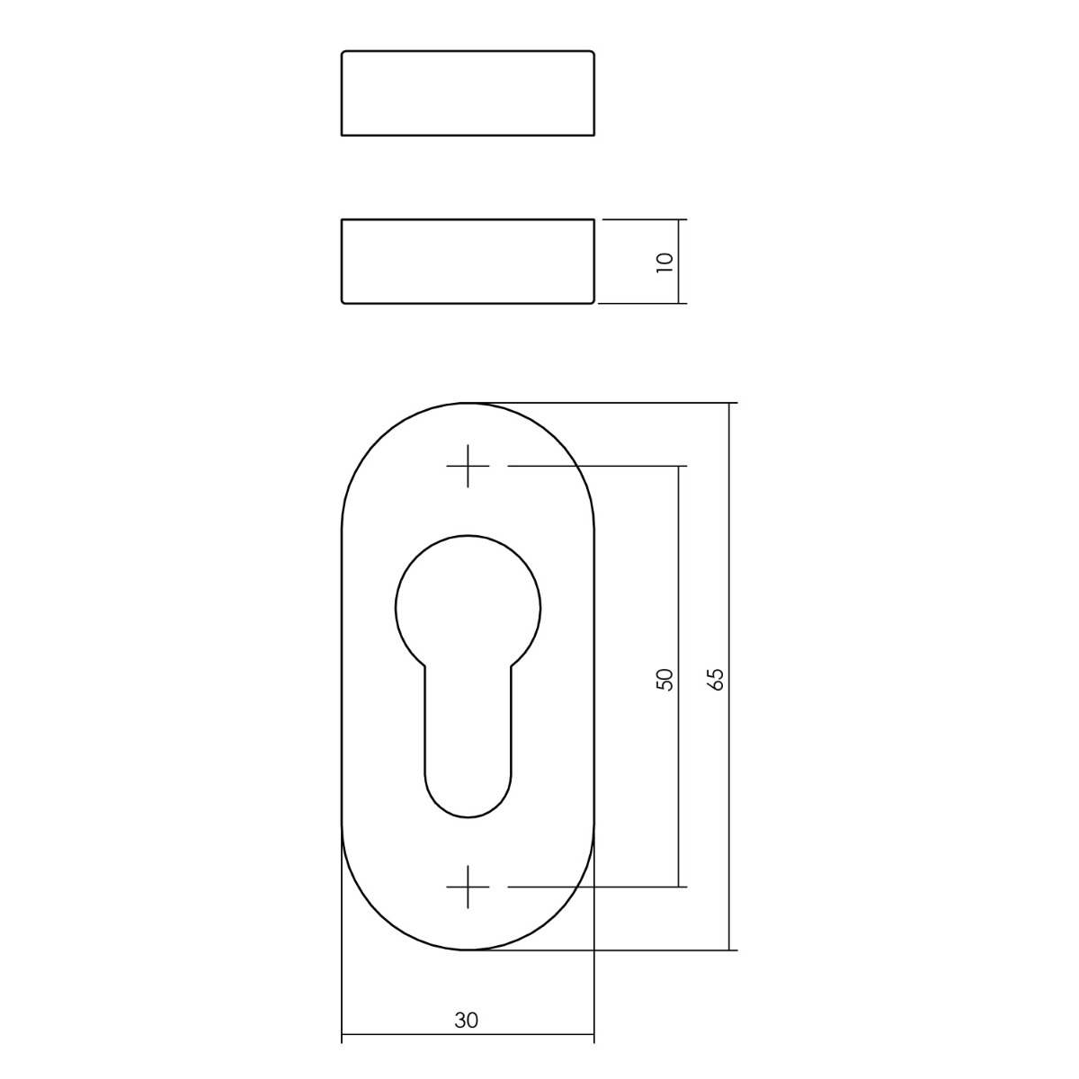 Tekening cilinderrozet ovaal 65x30x10mm verdekt RVS geborsteld - 0035.341787 - Deurbeslag-en-meer.nl