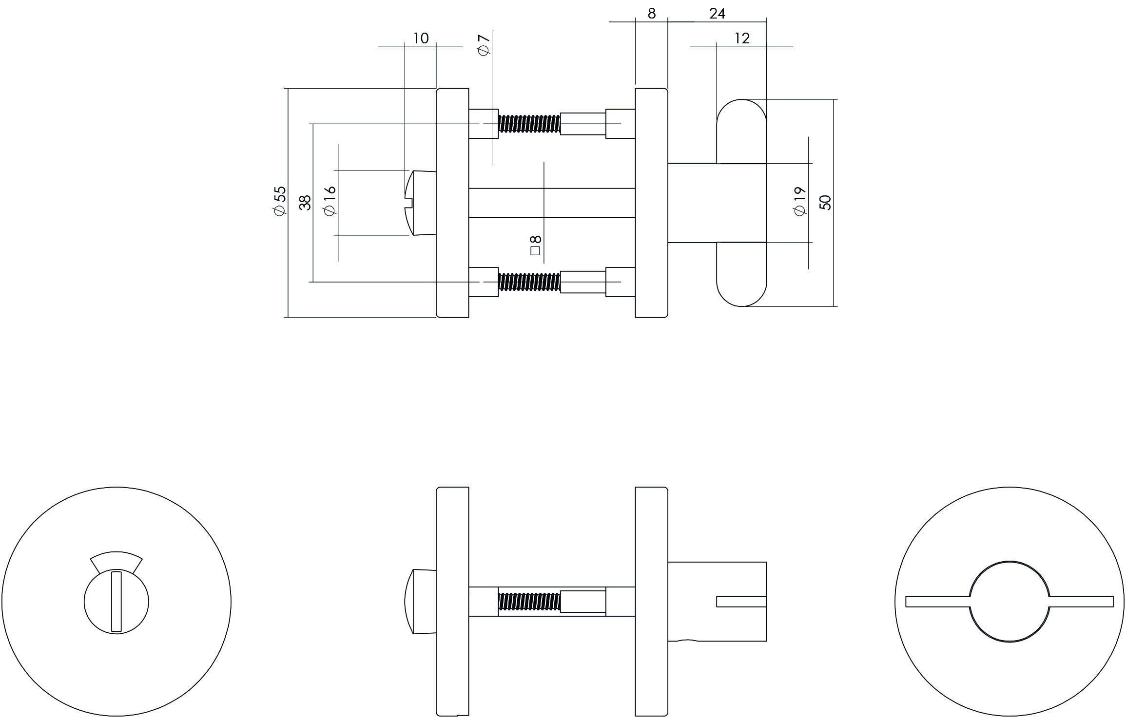 Rozet toilet-/badkamersluiting rond 55x8mm verdekt rvs geborsteld 8mm-Deurbeslag-en-meer.nl