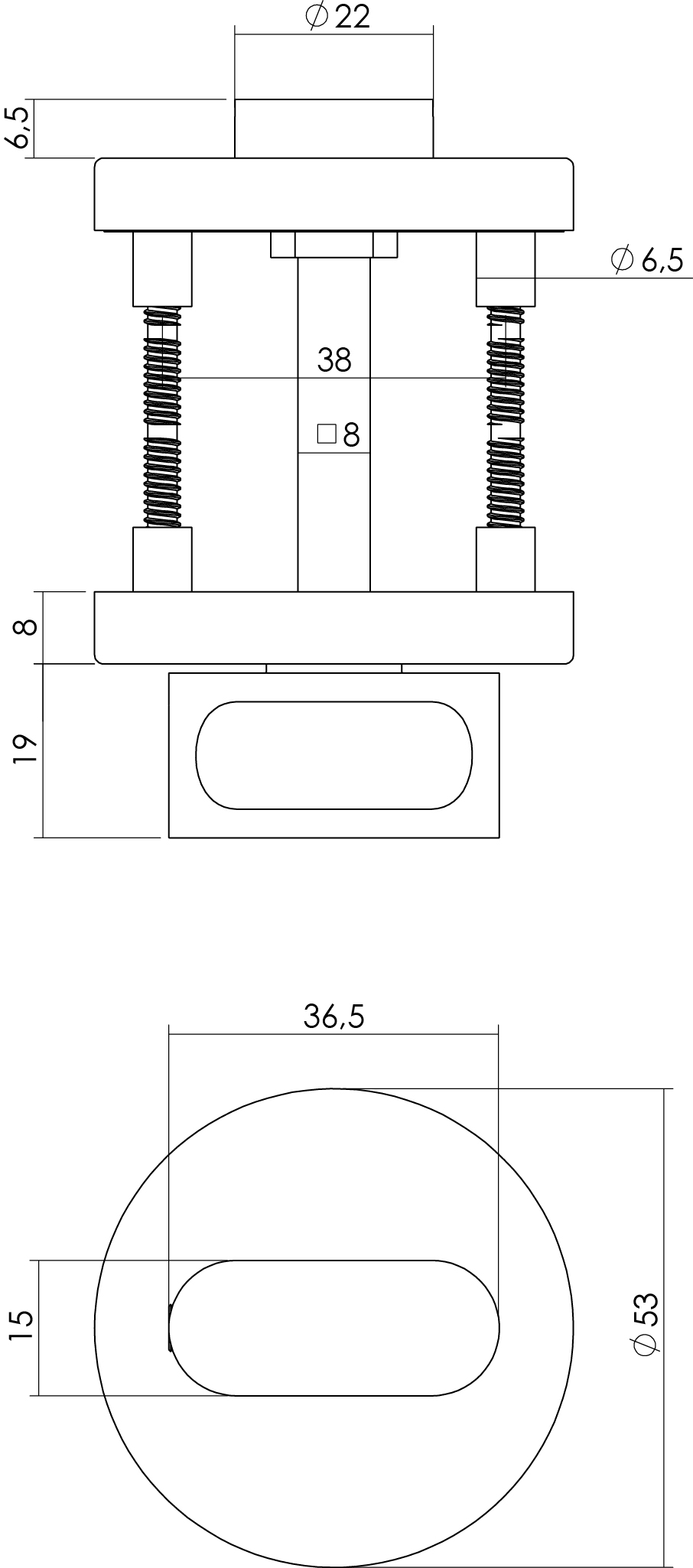 Rozet toilet-/badkamersluiting rond 53x8mm verdekt rvs geborsteld 8mm-Deurbeslag-en-meer.nl