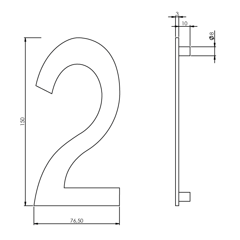 Huisnummer 2 smal rvs geborsteld 150x3mm-Deurbeslag-en-meer.nl