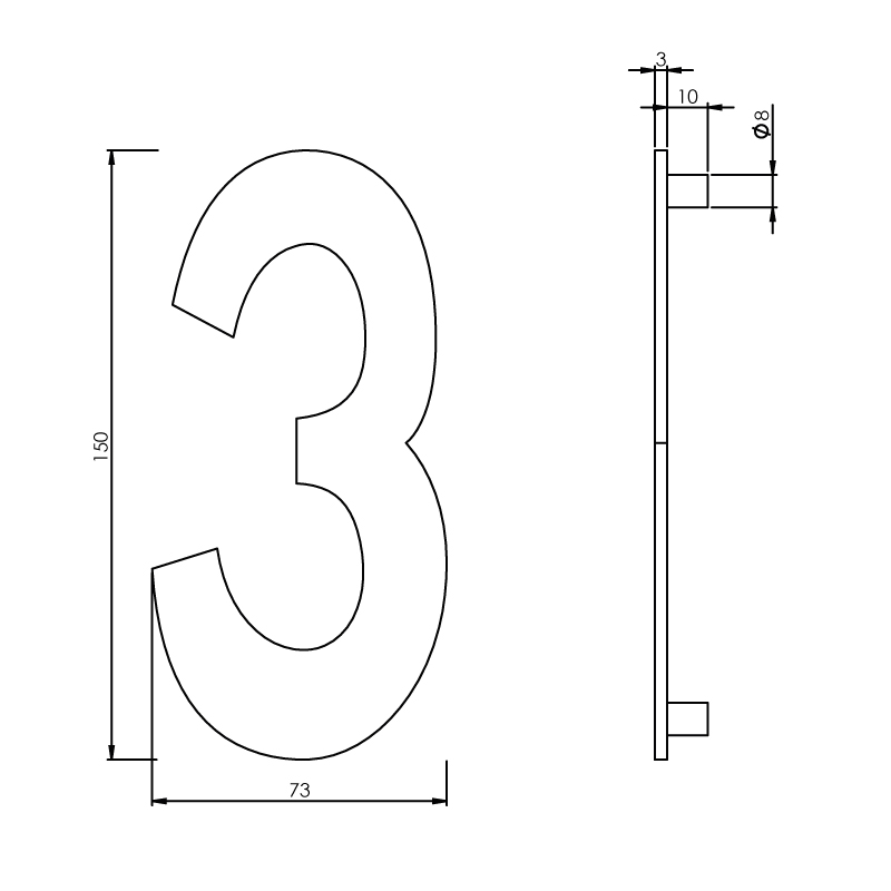 Huisnummer 3 smal rvs geborsteld 150x3mm-Deurbeslag-en-meer.nl