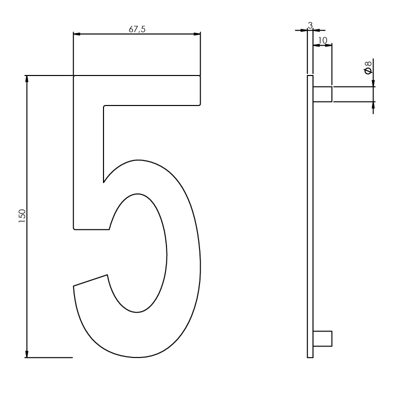 Huisnummer 5 smal rvs geborsteld 150x3mm-Deurbeslag-en-meer.nl